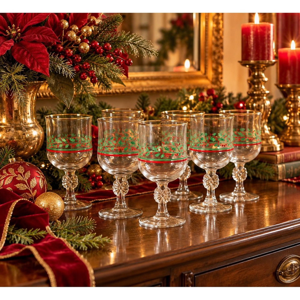Vintage Christmas Holly Berry Goblets Set of 6 Gold Rim Bow Flower Stem Glasses